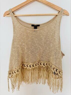 Forever 21 Beige Crochet Fringe Crop Tank